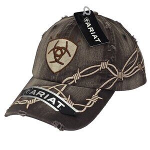 Ariat Hat NEW Barbed Wire Shield Logo Brown Distressed Cap Adjustable Western